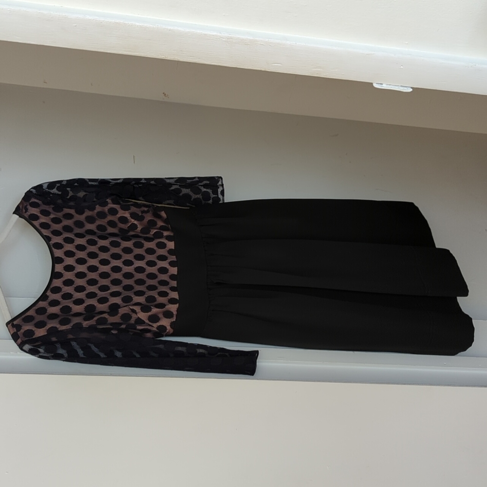 Black Eliza J cocktail dress, midi length, lace with tan lining